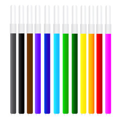 Obraz premium Set of colored markers or pencils. Drawing of colorful felt-tip pens on a white background. Vector image.