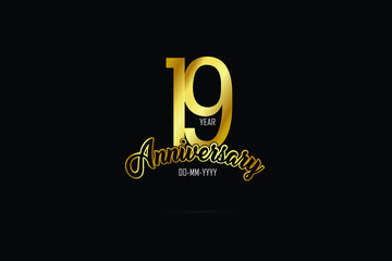 19 years anniversary celebration logotype. anniversary logo with golden color isolated on black background - Vector
