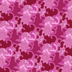 Traditional floral pattern batik drawing with dots and curly lines in pink tones. Batik is an Indonesian technique of wax-resist dyeing applied to whole cloth.