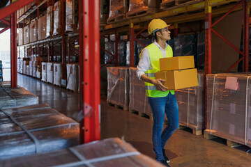 warehouse worker with safety vest and helmet working in warehouse