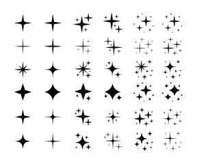 Black sparkling stars, shiny flashes of fireworks. Set of star elements with various glowing light effects.