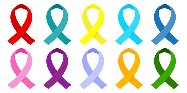 Ribbon as a sign of cancer or aids. Set of badges on the chest. Symbol of charity. Vector image.