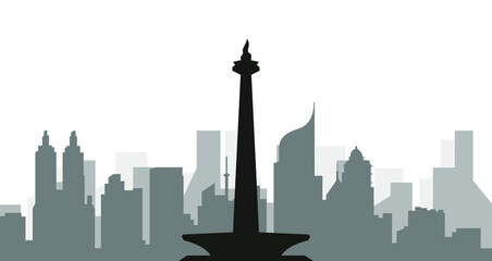 Monas silhouette and cityscape from jakarta indonesia. Panorama view of Jakarta City, NKRI skyline with world famous landmarks in flat design style vector illustration. EPS 10