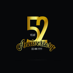 52 years anniversary celebration logotype. anniversary logo with golden color isolated on black background - Vector