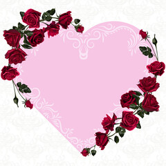 Greeting card for Valentines Day. Decorative frame of red flowers of roses in the shape of heart.