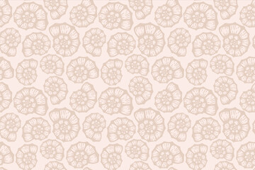 Seashell beach summer beige pattern. Vector seamless background. Simple elegant ocean sea shell fabric texture. Sand colour design. Graphic illustration