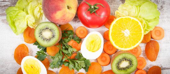 Ingredients as source vitamin A, natural minerals and dietary fiber, nutritious healthy eating concept