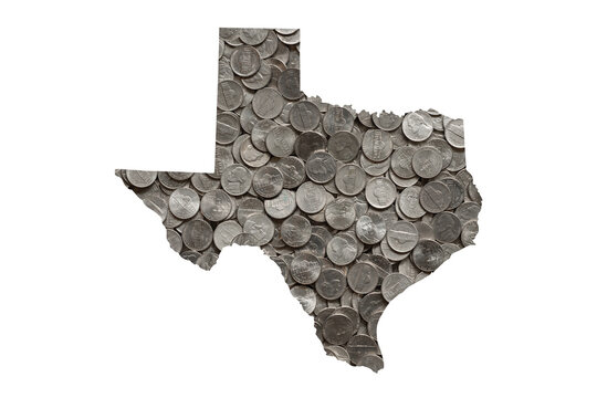 Texas State Map Outline and Piles of Nickels, Money Concept