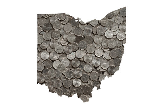 Ohio State Map Outline and Piles of Silver Nickels, Money Concept