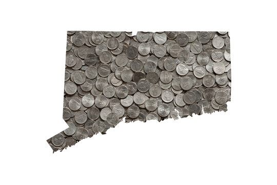 Connecticut State Map Outline with Piles of Nickels, Money Concept