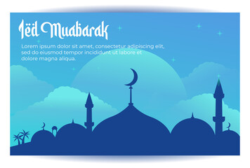 slamic background illustration concept for Happy eid mubarak, ramadan greeting or islamic new year. template for web landing page, banner, presentation, social, poster, ads, promotion or print media.