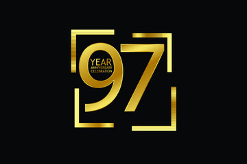 97 year anniversary celebration logotype. anniversary logo with golden and light white color isolated on black background, vector design for celebration, invitation and greeting card-Vector