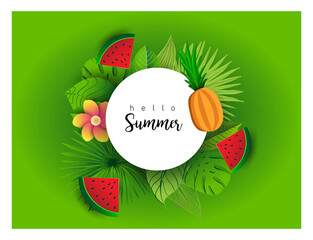 Summer vector banner design with tropical fruits and palm leaves background. Vector illustration.