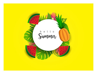 Summer vector banner design with tropical fruits and palm leaves background. Vector illustration.