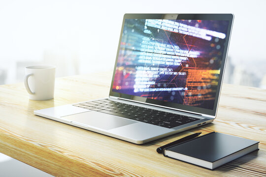 Abstract creative coding concept on modern laptop screen. 3D Rendering