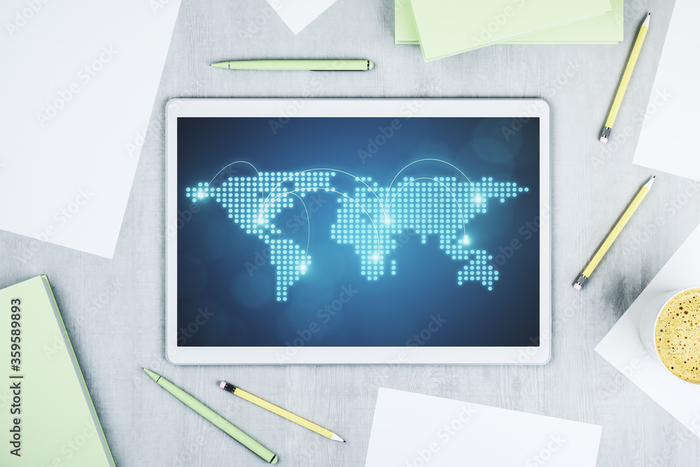 Poster Abstract creative world map with connections on modern digital tablet screen, international trading concept. Top view. 3D Rendering