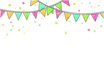 Colorful Party Flags And Confetti On White Background. Celebration & Party. Surprise Banner. Vector Illustration