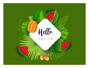 Summer vector banner design with tropical fruits and palm leaves background. Vector illustration.