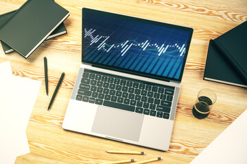Modern computer screen with abstract creative financial chart, research and analytics concept. 3D Rendering