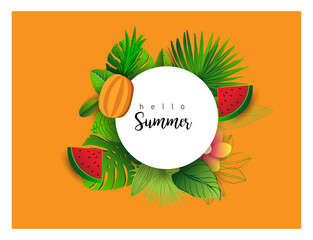 Fototapeta premium Summer vector banner design with tropical fruits and palm leaves background. Vector illustration.