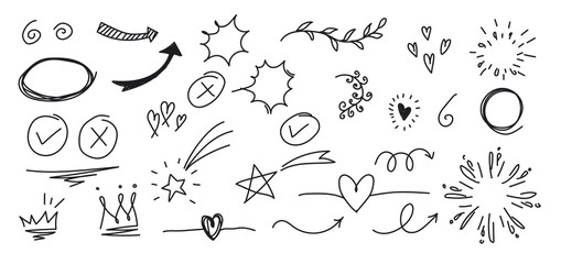 Hand drawn set elements, black on white background. Arrow, heart, love, star, leaf, sun, light, flower, daisy, crown, king, queen,Swishes, swoops, emphasis ,swirl, heart, for concept design.