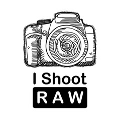 I Shoot RAW, a hand drawn vector doodle of a mirrorless camera with I Shoot RAW caption