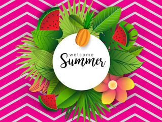 Summer vector banner design with tropical fruits and palm leaves background. Vector illustration.