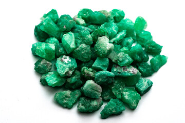 rough emeralds and gemstones, uncut green crystals for jewelry
