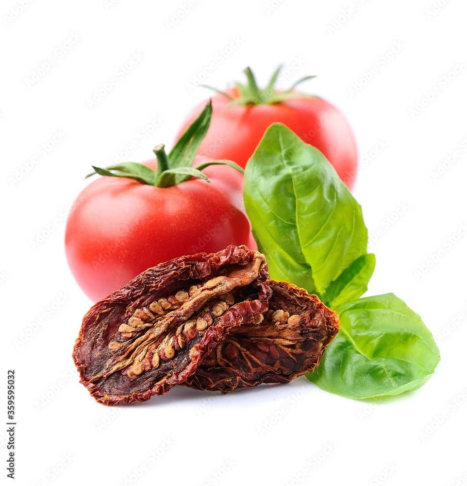 Sticker Dried tomato with fresh tomato and basil leaves.