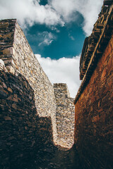 Traditional stone walls and architecture in Rongphu Temple, a Tibetan Monastery.