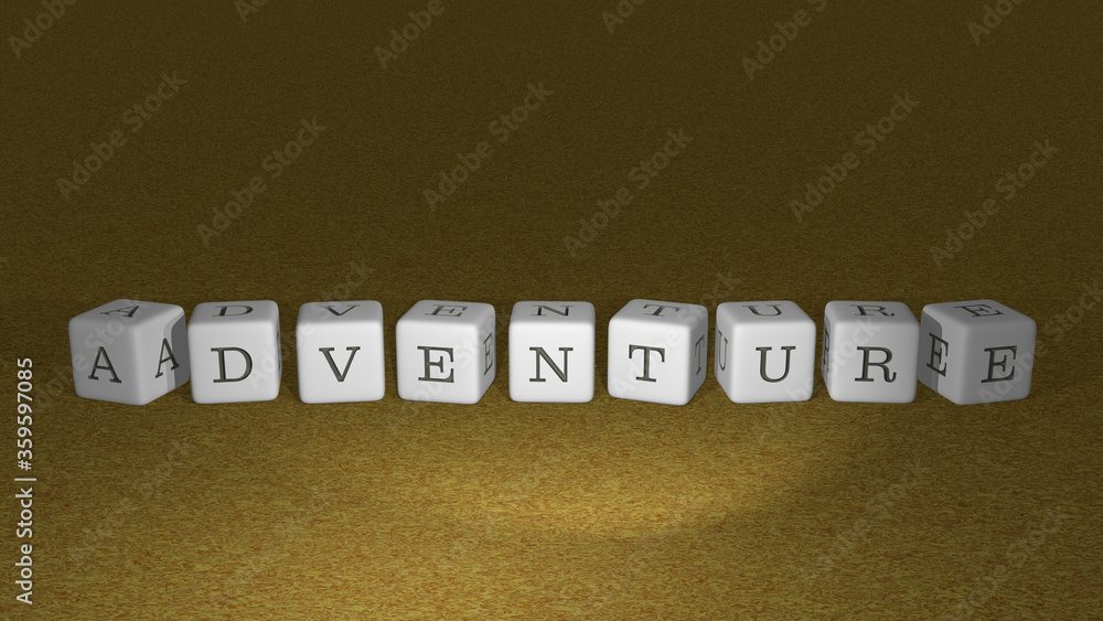 Poster adventure built by dice letters and color crossing for the related meanings of the concept by 3d ren