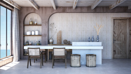 Obraz na płótnie Canvas Dining room interior design.Wall mock up in scandinavian interior. Interior wall mock up. Wall art. 3d rendering