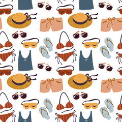 Naklejka na ściany i meble Vector seamless pattern of things for beach, summer travel, vacation. Baggage, passport, glasses, phone, sleep mask, photo, swimsuit and tooth brush