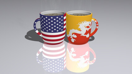 United States Of America And Bhutan: relationship or conflict on a pair of coffee cups for editorial and commercial use