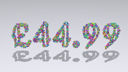 Colorful 3D writting of £44. text with small objects over a white background and matching shadow