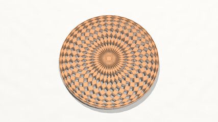 hypnotic pattern in circle made by 3D illustration of a shiny metallic sculpture on a wall with light background. business and spiral