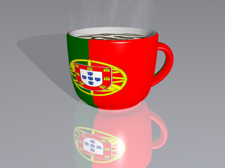 Portugal placed on a cup of hot coffee mirrored on the floor in a 3D illustration with realistic perspective and shadows