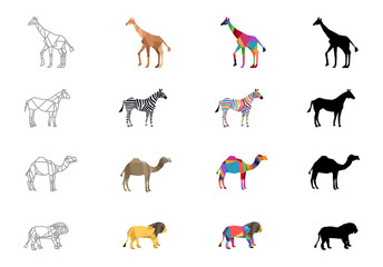 WebGiraffe, Zebra, Camel, Lion, Zoo animals vector icon isolated on white