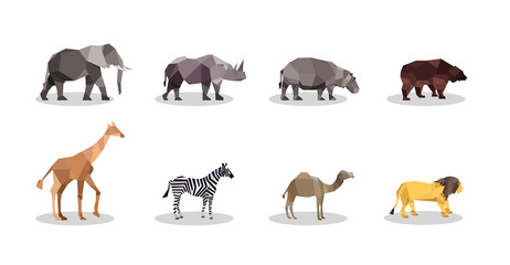 Elephant, Rhino, Hippo, Bear, Giraffe, Zebra, Camel, Lion, Zoo animals vector