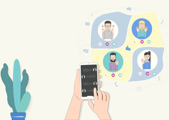 Hand holds smartphone. Video conference friends on screen phone talking by videocalling, chat. Online meeting workspace remote communication. Vector and illustration.