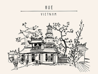 Hue, Vietnam, Southeast Asia. Thien Mu pagoda. Vintage hand drawn postcard - obrazy, fototapety, plakaty