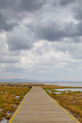 Fototapeta premium A wood trail on a wetland in Tibet, on a cloudy day.