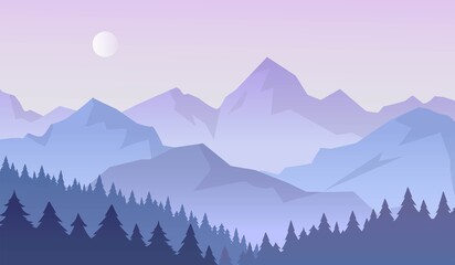 Landscape with blue and purple foggy, misty mountains, hills, forest and moon. Evening or morning time. Panoramic mountain view. Vector illustration