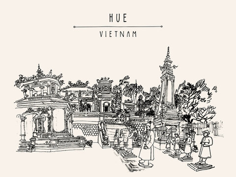 Hue, Vietnam, Indochina. Tomb of Khai Dinh emperor. Sculptures of warriors, trees, traditional architecture. Vintage touristic postcard