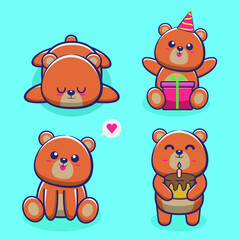 set of cute bear cartoon animals vector illustration , sleep, sitting, cake, and birthday bear.