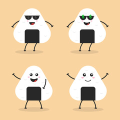 Cute Flat Cartoon Onigiri Illustration. Vector illustration of cute onigiri with a smiling expression. Cute onigiri mascot design