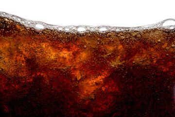 Cola soda bubble foam with ice in glass cold drink beverage background