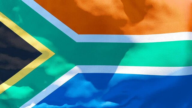 The national flag of South Africa flutters in the wind