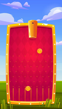 Mobile game app background, application vertical interface. Ui or Gui arcade with cannon gun shooting with golden coins aiming to separated slots on red and gold field, cartoon vector illustration