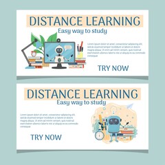 Distance learning banner, web template stock vector illustration. Composition with books, stopwatch and robot assistant. E-learning, online tutor for easy study.